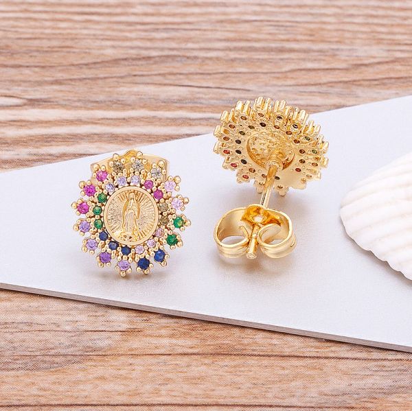 Mode 14k jaune zircon Jésus Vierge Marie Boucles d'oreilles Round Shape Stud Oreads pour femmes Lady Fine Religious Jewelry G 47