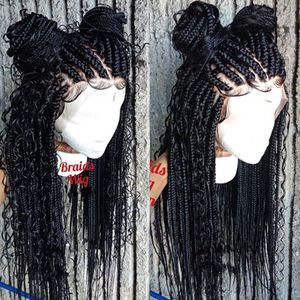 Mode 180 DENSITY FULL MOOD MOOI GODESSS Box Braids Lace Front Wig Handmade Handgemaakte Curly Braids Cornrow Pruik voor zwarte vrouwen Hquel