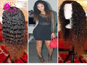 Mode 180 densité ombre u partie perruques malaisie remy bouclés perruque upart deux tons de cheveux humains en forme de perruques pour les femmes noires ship43552356684646