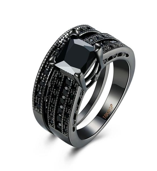 Moda 18k Chapado en oro negro Cuadrado negro Diamante Corte princesa Compromiso de boda Bandas nupciales Conjuntos de anillos para mujeres Damas4059670