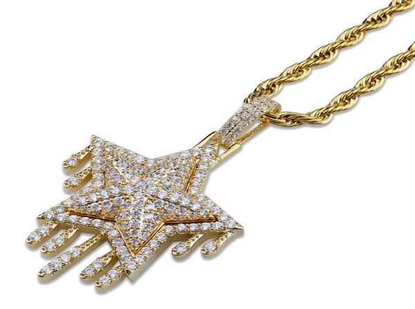 Mode 18 carats plaqué or et or blanc plein diamant CZ Zircon pentagramme pendentif collier Hip Hop bijoux cadeaux pour hommes et femmes 6636654