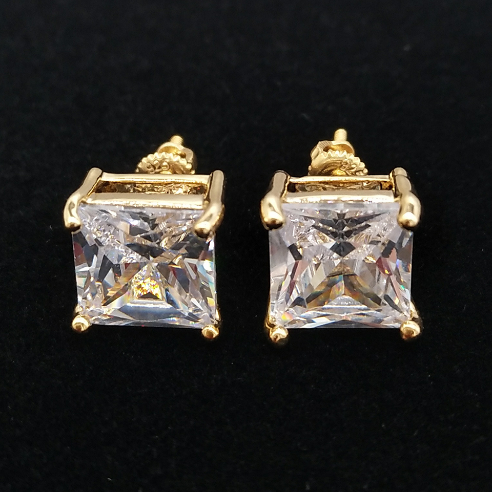 Fashion 18K Gold Hiphop Iced Out CZ Cubic Zircon Square Stud Earrings 0.4 0.7 0.9 cm Gifts for Men Full Diamond Earring Studs Rapper Jewelry