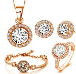Mode 18K plaqué or rose brillant Zircon cristal collier Bracelet boucles d'oreilles bague ensemble de bijoux pour les femmes ensemble de bijoux de mariage 4pcsS3438614