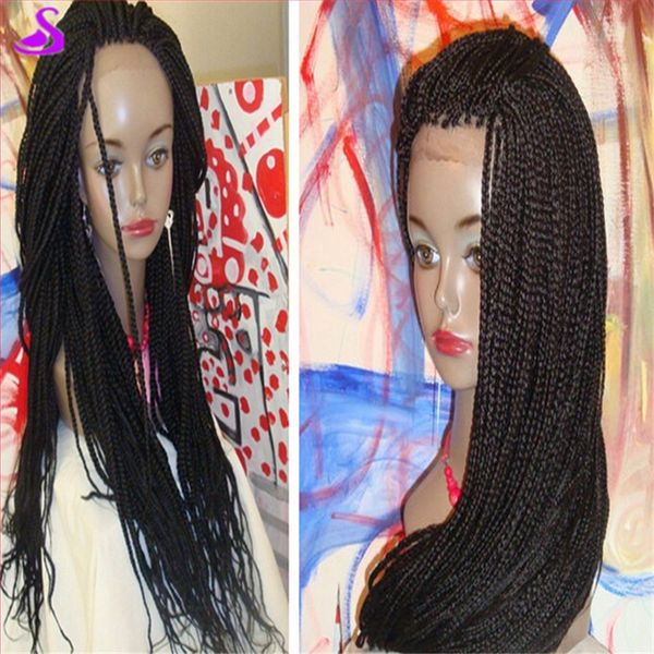 Moda # 1b / # 2 marrón / burdeos / color rubio Peluca trenzada para mujeres negras Trenza de caja de 30 pulgadas de largo Peluca delantera de encaje sintético Cabello resistente al calor