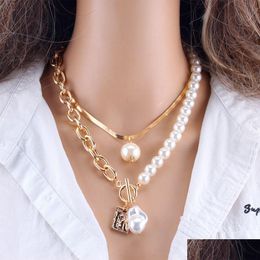 Mode 2 couches perles pendentifs géométriques colliers pour femmes or métal serpent chaîne collier nouveau design bijoux cadeau Dhgarden Otdfp