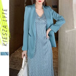 Conjunto de 2 piezas de moda para mujer, chaqueta de lujo de primavera, traje, chaqueta, vestidos Midi con tirantes, vestido de oficina para mujer, conjuntos azules 210608