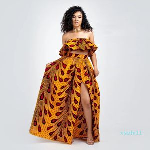 Fashion-2 Piece Set Women Traditional African Clothing Crop Tops And Long Skirt 2020 Summer Suits Dashiki Print Sexy Shirt Off Shoulder