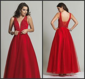 Moda Vestidos de noche rojos Elegante cuello en V Sin espalda Vestido de fiesta Sin mangas Precio barato Una línea Estilo Longitud del piso Gran rebordear 2021