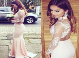 Fashion 2016 Baby Pink Lace and Satin Mermaid Tweedelig prom jurken Lange goedkope hoge nek lange mouw Backless Formal Dress Custom2302492