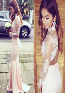 Fashion 2016 Baby Pink Lace and Satin Mermaid Tweedelig prom jurken Lange goedkope hoge nek lange mouw Backless Formal Dress Custom49777672