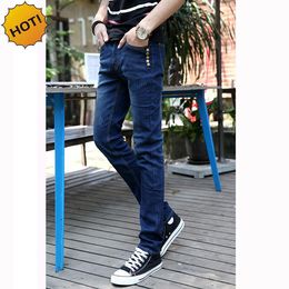 Mode 2017 Casual Solid Blue Slim Fit Stretch Denim Jeans Multi Button Casual Design Tieners Been Potlood Broek City Bottoms 28-34