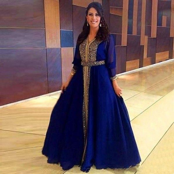 Mode 2019 robes de bal arabes à manches longues Abaya col en V une ligne longueur de plancher or ourlet perlé bleu royal en mousseline de soie robes de soirée musulmanes