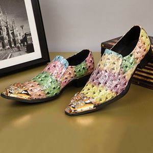 Mode 2018 coloré cuir de veau véritable hommes chaussures or orteil sans lacet Oxford métallique pointu homme chaussures habillées pour la fête