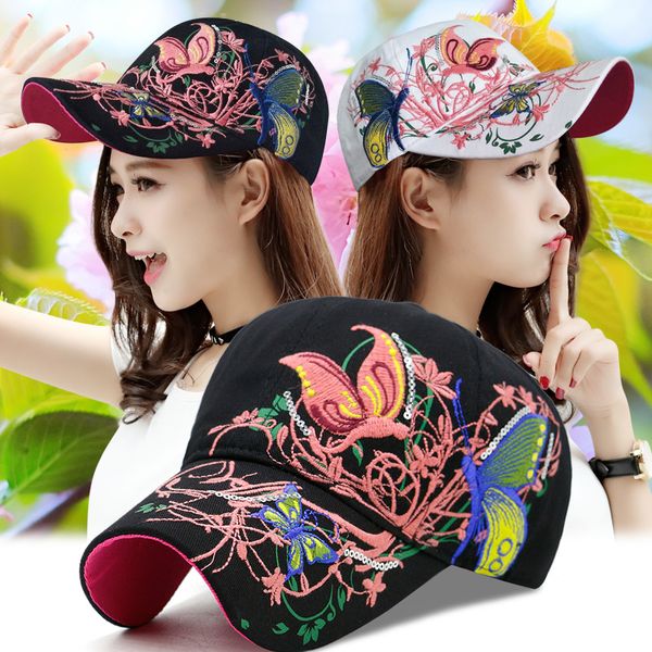 Moda-2018 Ventas calientes Mujeres Sombrero para el sol Gorra de béisbol ajustable Flor Butterfdery Sombreros para niñas Verano Perla Lentejuelas Snapback