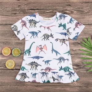 Mode 2018 kinderen meisjes kleding baby meisje ruches dinosaurus mini jurk katoen casual sundress korte mouw losse peuter meisjes jurk 0-4t