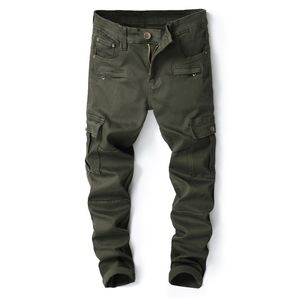 Mode-2018 Nieuwe Merk Heren Army Green Jeans Slim Fit Multi Pocket Designer Denim Broek voor mannelijke Elastische Runway Jeans 8009 #