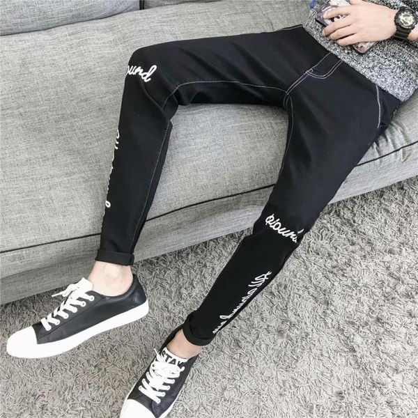 Fashion-2019 hommes trou coupé jeans printemps automne lettre imprimé hip hop adolescents cowboy hommes crayon pantalon cheville longueur pantalon