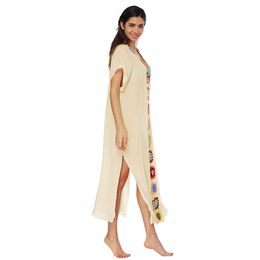 Mode-2019 Nieuwe Sexy Vrouwen Badmode Tuniek Jurk Haak Gebreide Diepe V-Neck Robe Femme Etes 2019 Korte mouw Side Split Summer Beach Jurk