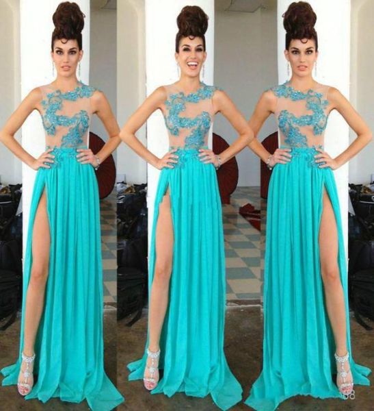 Fashion 2019 Sheer Neck Evening Prom Vestidos Blue Chiffon Divisado Vestidos formales Farty Celebrity Gowns Cheap3446131