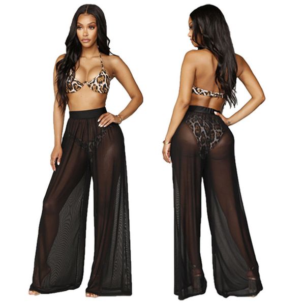 Mode-2019 femmes plage maille Bikini couvrir maillots de bain Transparent Long pantalon large jambe pantalon grande taille S-2XL