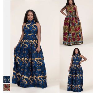 Mode 2020 Mouwloze Afrikaanse Jurken voor Dames Sexy Dashiki Print Lange Robe Halter Dames Ankara Afrikaine Plus Size Kleding CX200813