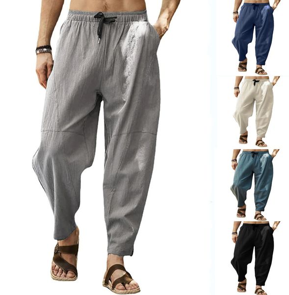 Moda 2023, pantalones capris casuales grandes europeos y americanos para hombres, pantalones sueltos de algodón y lino con cordón, linterna de hip-hop, pantalones ajustados