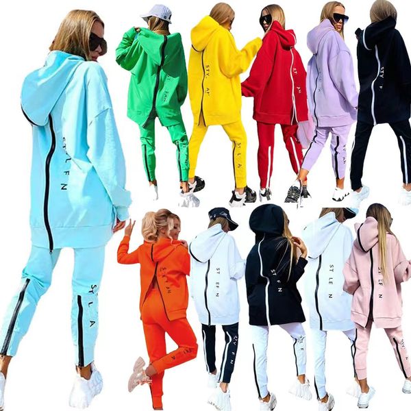 Mode 2023 Femmes Tracuaksuit Ensemble deux pièces Femmes Coton Lettre Imprimé Survêtements Sweats à capuche à manches longues et pantalons Lâche Sport Noir Vert Rose Orange 12 styles