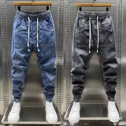 Fashion 2024 printemps automne en vrac lâche cordon polaire grand garçon jeans denim de la taille élastique décontractée yk2 pantalon streetwear 240415