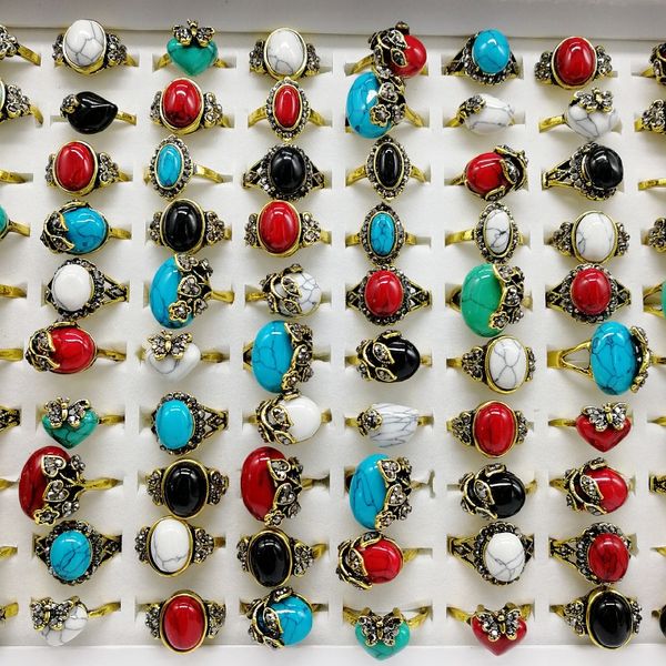 Mode 20 pcs/pack Turquoise bande anneaux bijoux rétro pin pierre précieuse pierre naturelle bague mélange style couleur ajustement femmes et hommes fête charme cadeau