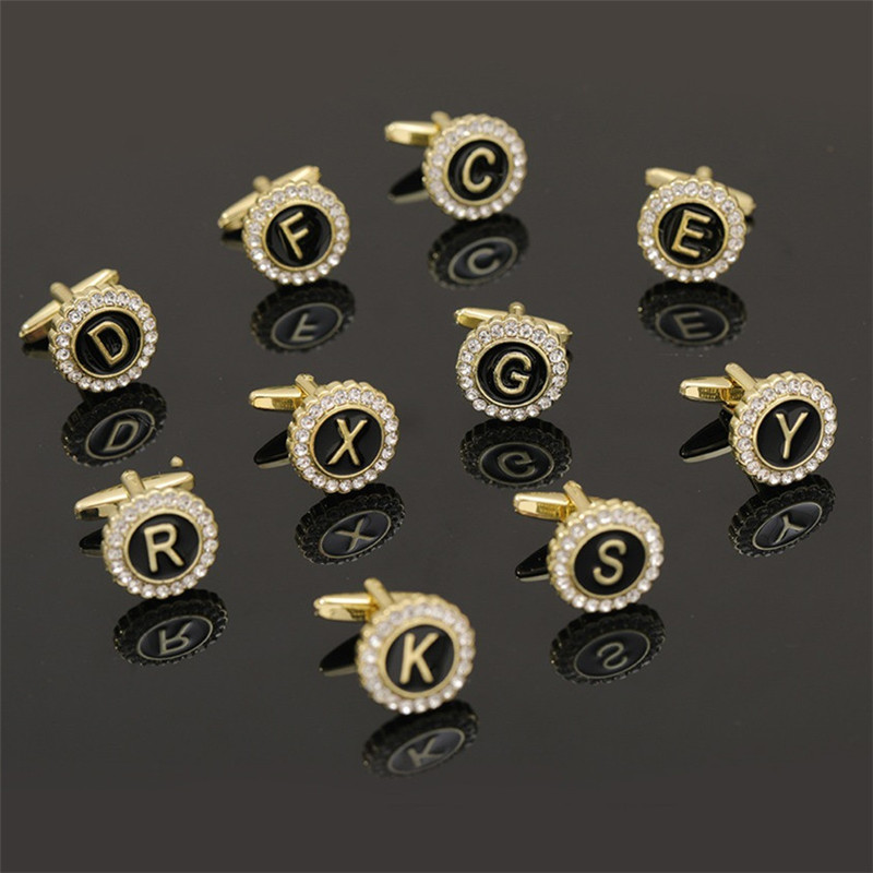 Mode 26 engelska bokstäver guld franska manschettknapp designer man legering svart oval emalj strass rund skjorta affärsdräkt männas manschettknappar smycken för vän gåva