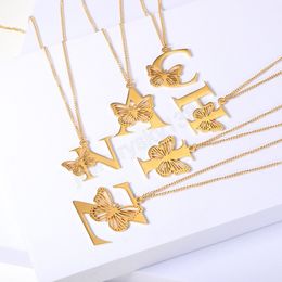 Mode 26 lettres colliers en acier inoxydable creux doré argent couleur papillon pendentif collier personnalité clavicule chaîne bijoux