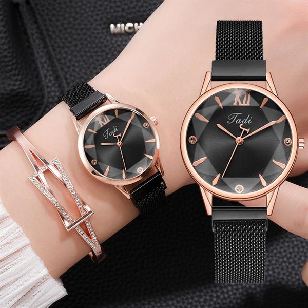 Mode 2 pièces ensemble femmes montres Simple aimant fleur strass montre dames montre-bracelet Bracelet ensemble noir horloge Reloj Mujer259p