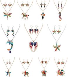 Fashion 2pcsset Jewelry Sets Pendientes Collar de pendientes Bohemio Ala elefante Elefante Dolphin Sea Horse Starfish Animal para mujeres 1138453