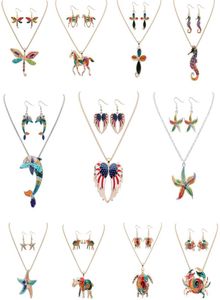 Mode 2pcsset ensembles de bijoux boucles d'oreilles collier bohème alliage émail éléphant aile dauphin cheval de mer étoile de mer Animal pour les femmes 8522995