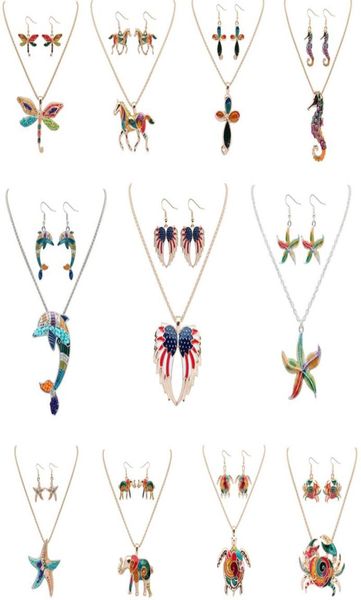 Mode 2pcsset ensembles de bijoux boucles d'oreilles collier bohème alliage émail éléphant aile dauphin cheval de mer étoile de mer Animal pour les femmes 6201600