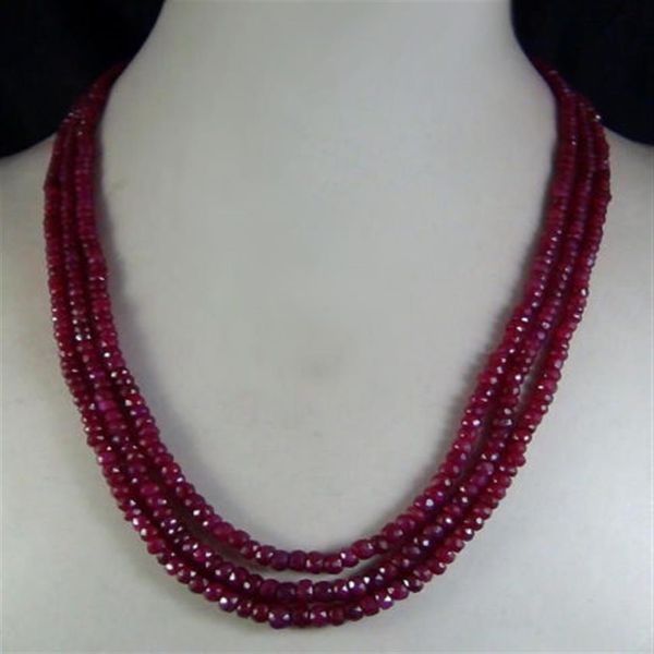 Collier de perles à facettes en rubis naturel, 2x4mm, 3 brins, 254I