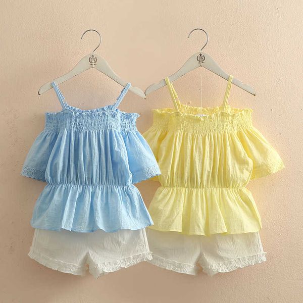 Mode 3 4 6 8 10 11 12 ans coton dentelle hors épaule t-shirt + short 2 pcs bébé enfants filles vêtements d'été ensembles 210529