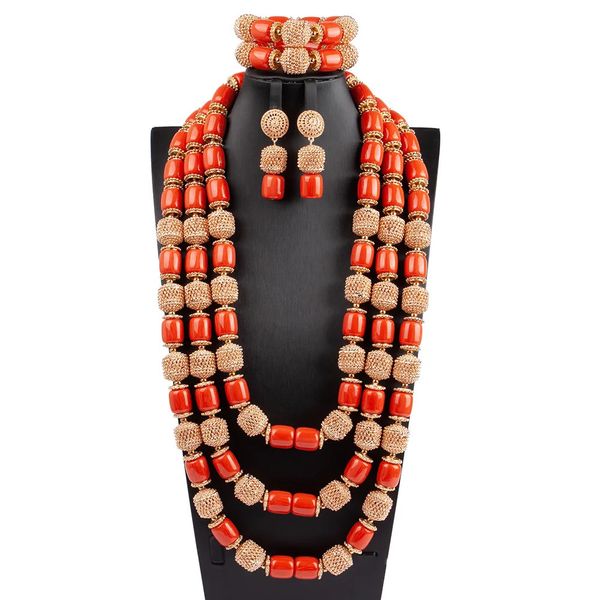 Mode 3 couches longues femmes collier boucles d'oreilles bracelet costume africain Nigeria mariage artificiel corail perle ensemble de bijoux livraison gratuite 240311