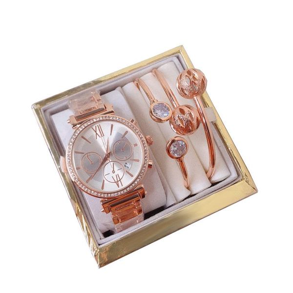 Mode 3 ensembles de luxe femmes montre bracelet top marque montres en or rose dame designer montres de diamant pour les femmes cadeaux d'anniversaire de Noël avec boîte-cadeau relogios