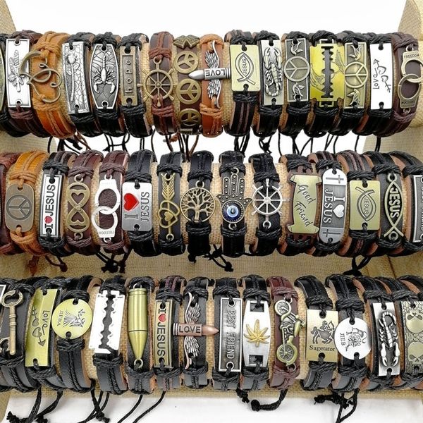 Moda 30 unids / lote Tejido Brazaletes de cuero Estilos de mezcla Negro Marrón Metal Hecho a mano Retro brazaletes de puño aptos para hombres y mujeres Regalos de joyería con dijes