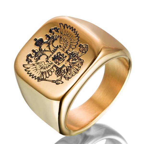 Moda 316 Anillos de pareja de acero inoxidable Marca de sello punk Emblemas de Rusia Cabezas de águila doble Diseño de insignia Emblema nacional de Rusia Joya del anillo