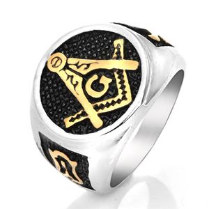 Fashion 316L roestvrij staal Black Masonic Ring Oil Drip Gold Silver Two Tone Masons Compass en Square Signet Rings sieraden voor mannen