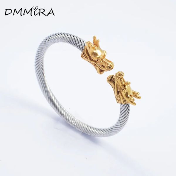 Moda 316L Acero inoxidable punk Color oro dragones cierre giro cable alambre brazalete pulsera joyería 240228