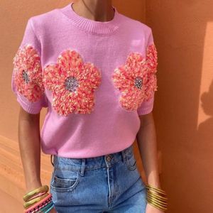 Fashion 3D Flower tricoté Pull pour les femmes élégantes o couches courtes courtes coupées 2024 Spring Chic Femme Streetwear 240410