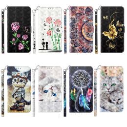 Mode 3D Wallet Leather Cases voor Samsung S22 Ultra Plus A33 A53 A23 4G A13 M33 M53 5G A22 A52 A32 S21 FE S20 Fe Print Flower Butterfly Cat Credit ID Card Slot Holder Pouch