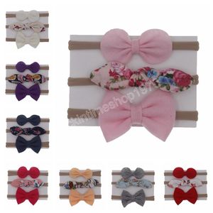 Mode 3 pcs/lot Feutre Arcs Enfant Bandeaux Élastiques Imprimé Fleur Arc Noeud Kaki Nylon Bandeaux Fille Cheveux Accessorise Cadeaux Ensembles