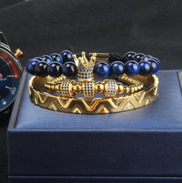 Fashion 3PCSset Crown Bangel Bracelet Men and Woman Léopard Braidage Bracelet en acier inoxydable Bleu Blue CZ Jewelry7423063