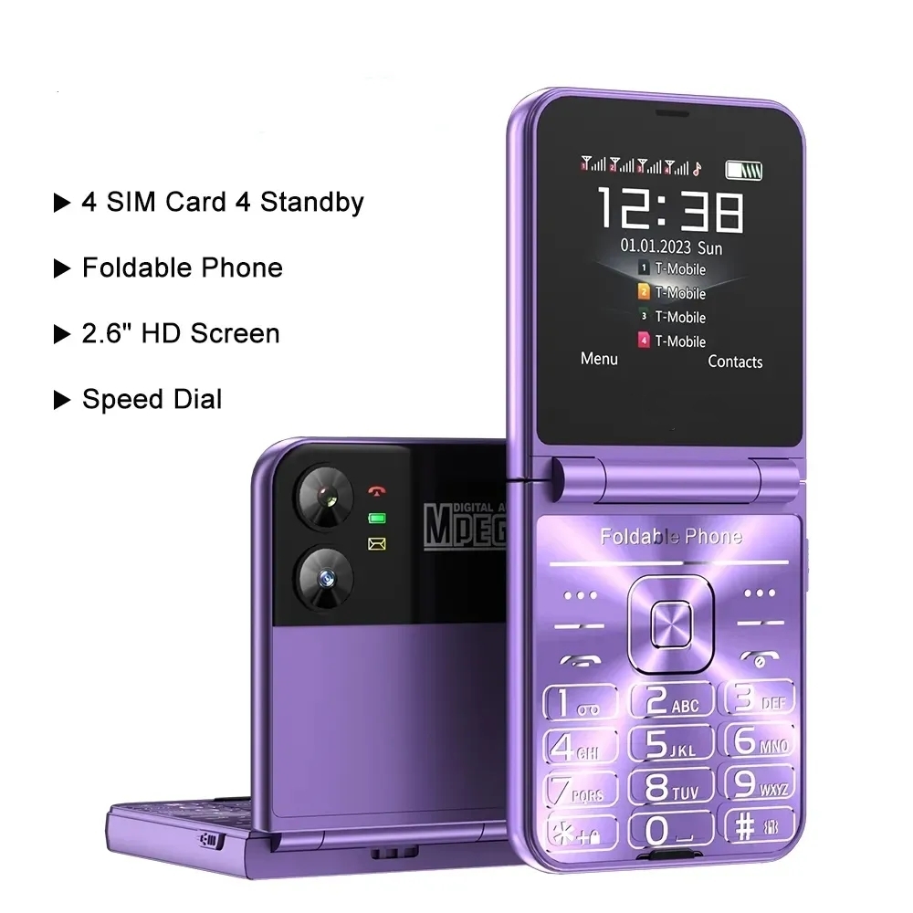 Fashion 4 SIM Cards Flip Mobile Phone Magic Voice Blacklist Voice Auto Call Recorder Torch Celulares Unlocked Foldable Cellphone Blacklist Type-c