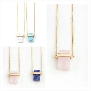 Mode 4 kleuren blauw roze quartz turquoise ketting rechthoek natuursteen vergulde trui lange kettingen voor vrouwen sieraden