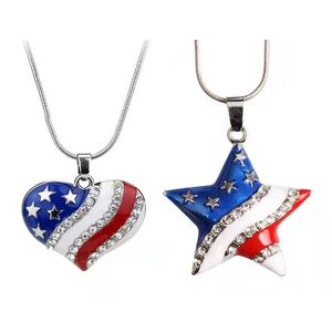 Mode 4 juli patriottische VS Amerikaanse vlag hart hanger ketting 5-puntige ster Amerikaanse vlag kettingen met Oostenrijkse kristal voor mannen vrouwen groothandelsprijs